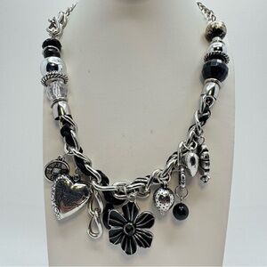 New Silver Tone Charm Necklace Black Beads Heart Flower 17–22”